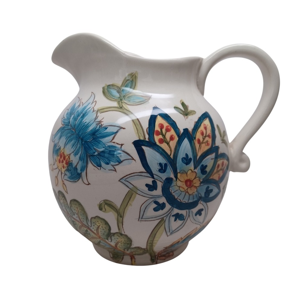 Maxcera Blue Vanilla Chintz Floral Ceramic Pitcher Hand Painted White Blue Green